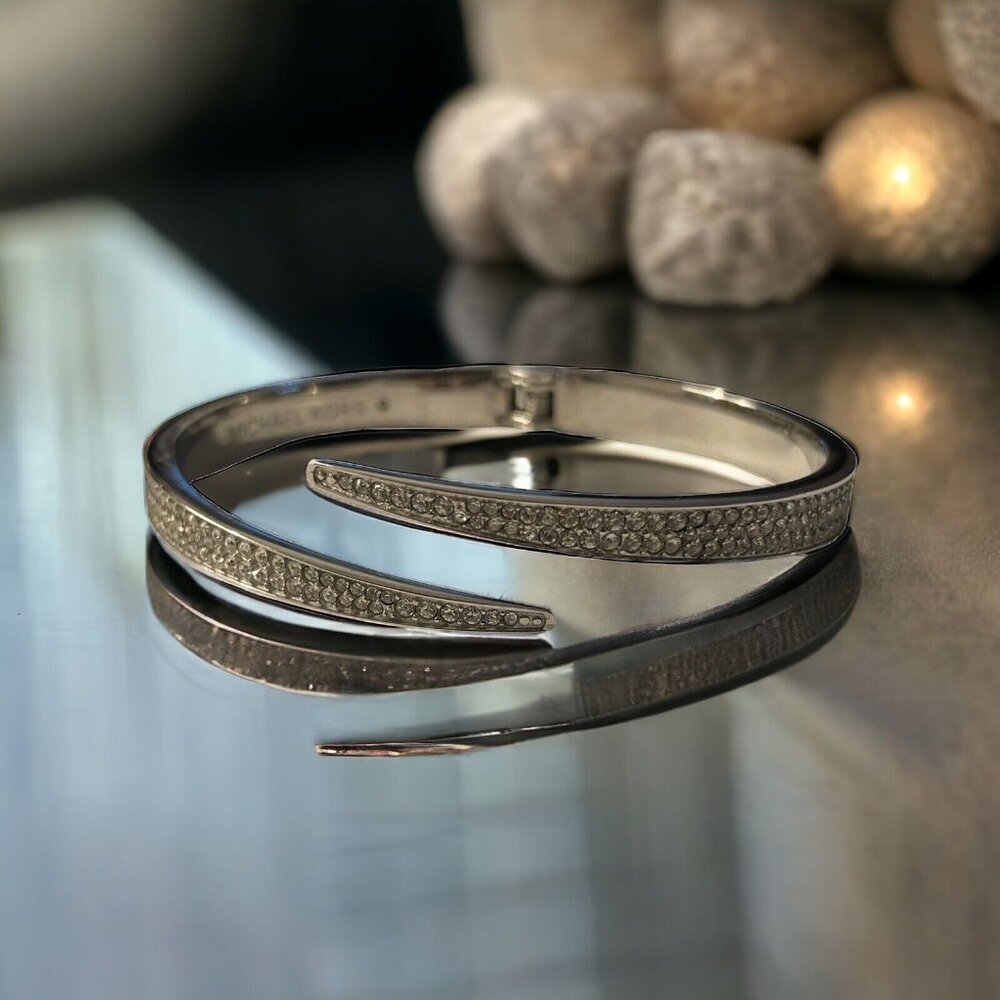 Michael‎ Kors Open Silver Plated Matchstick Hinge Bangle Bracelet Rhinestone